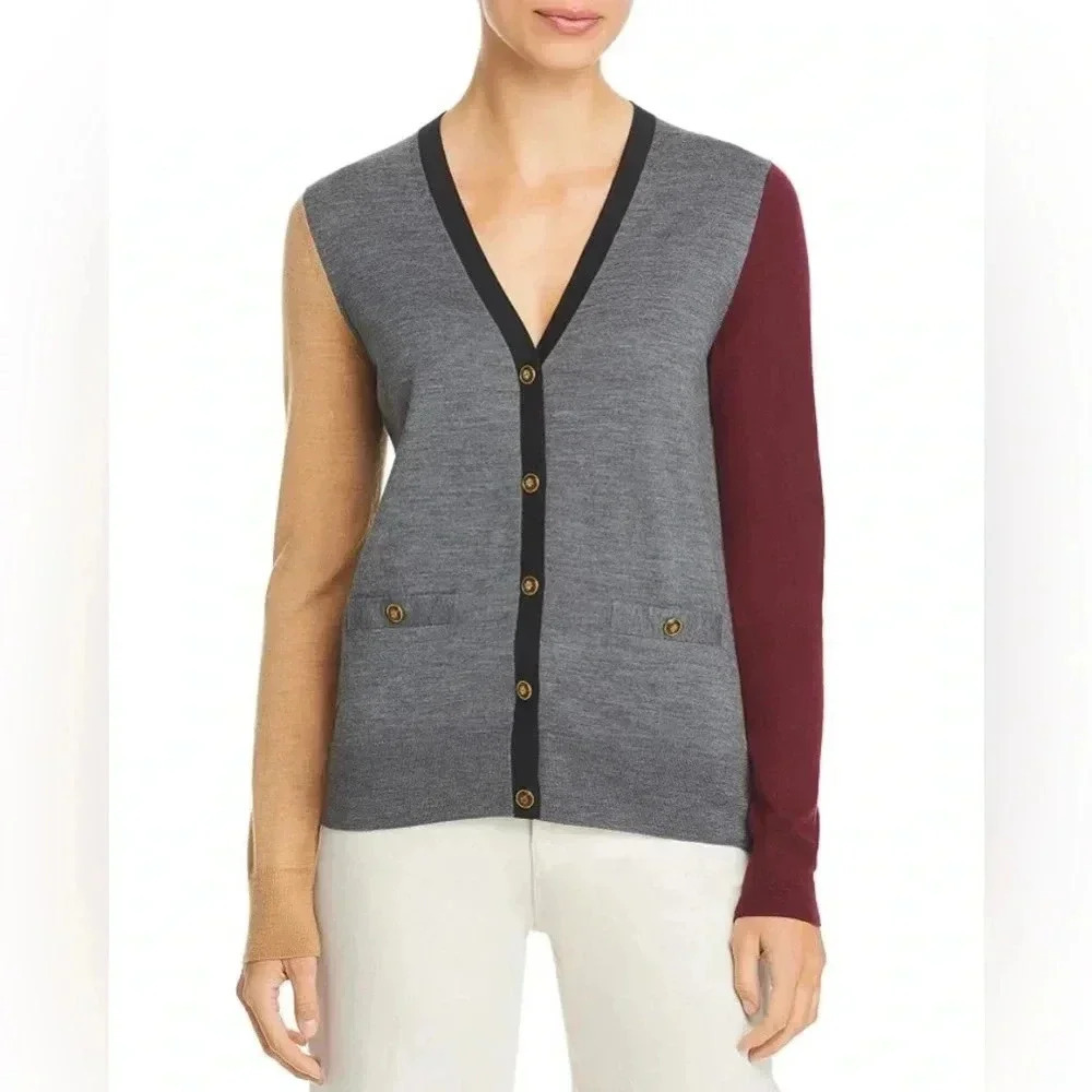 TORY BURCH merino wool v neck mustard yellow cardigan sweater size Small